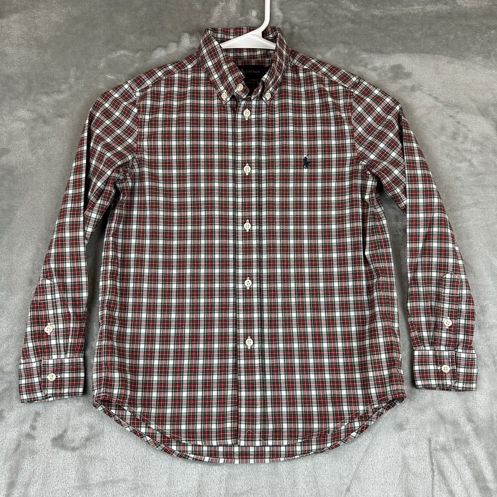 Polo Ralph Lauren Button Up Dress Shirt Boy's 7 Red Green Plaid 100% Cotton